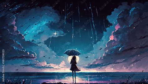 an epic illustration of a lonely anime girl with an umbrella, standing ...