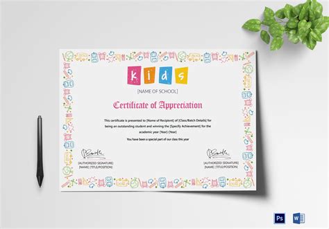 Outstanding Student Appreciation Certificate Design Template in PSD, Word