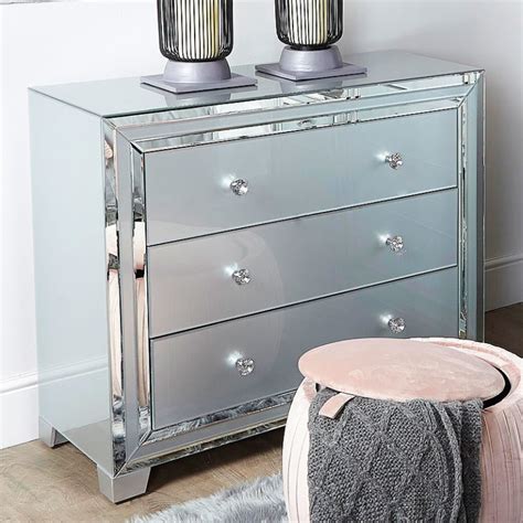 Madison Grey Glass 3 Drawer Mirrored Chest Of Drawers Cabinet | Picture ...