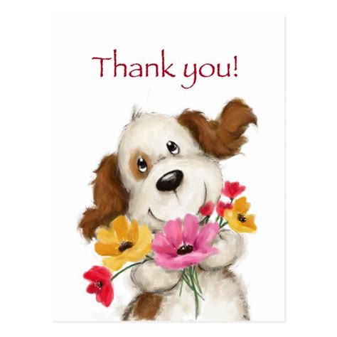 Thank you, cute dog with flowers. postcard | Zazzle | Thank you ...