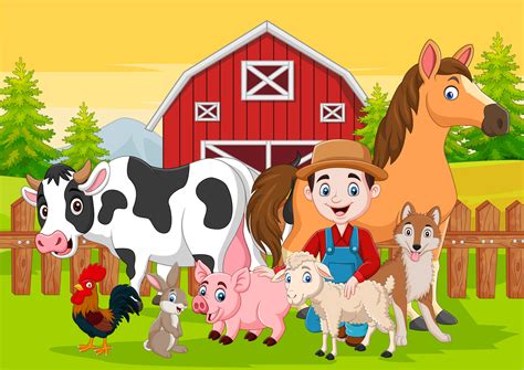 Cartoon farmer and farm animals in the barnyard 5332452 Vector Art at ...