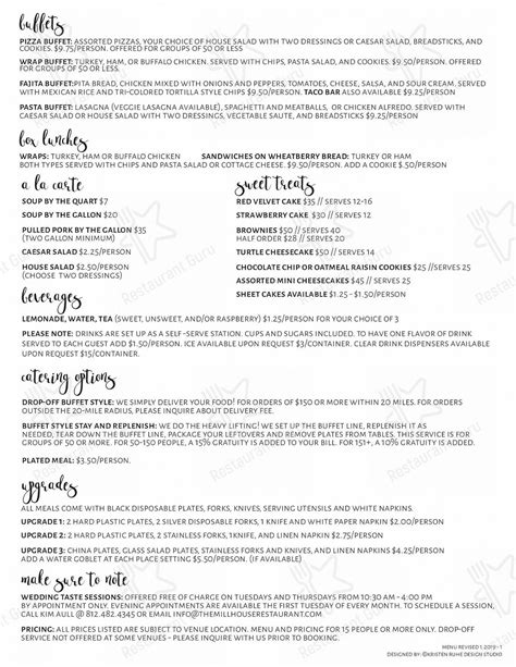 Menu at Mill House pizzeria, Jasper