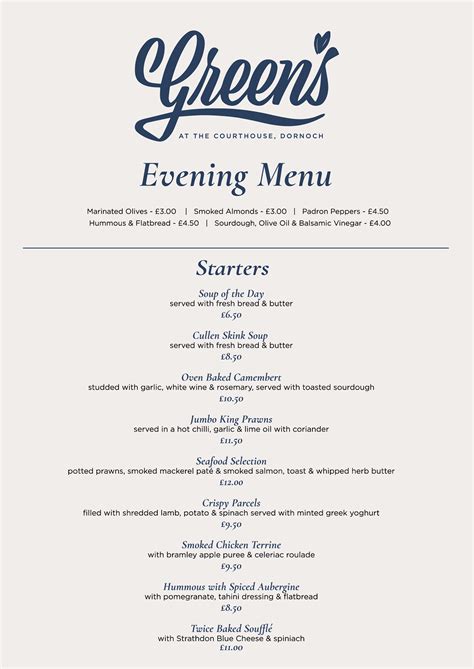 Sample Dinner Menu – Greens at the Courthouse Restaurant Dornoch