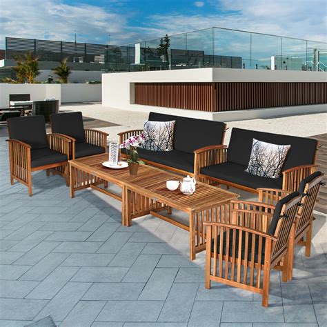 Gymax 8PCS Wooden Patio Conversation Set Outdoor Furniture Set w ...