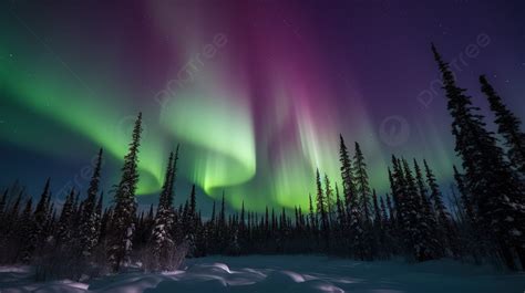 The Northern Lights Over A Snowy Forest Background, Northern Lights ...