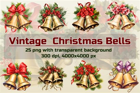 Vintage Christmas Bells Clipart | PNG Retro Bundle