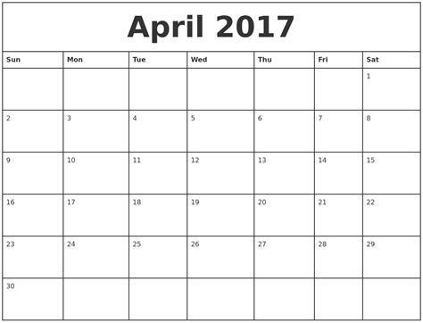 April 2017 Printable Monthly Calendar