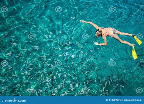 Scuba Diver with Fins Floating in the Sea in Clear Water, Stock Photo ...