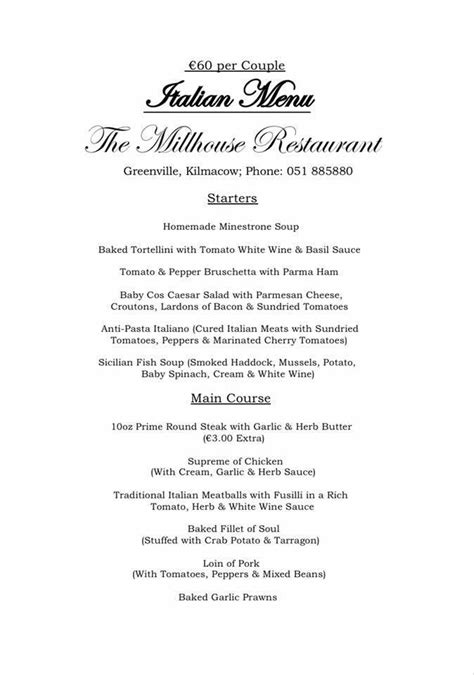 Menu at Mill House restaurant, Ireland, Greenvill