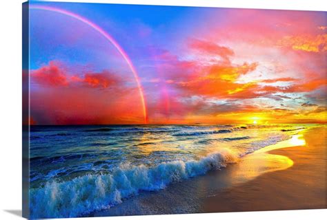 Pink Sunset Beach With Rainbow And Ocean Waves Wall Art, Canvas Prints ...