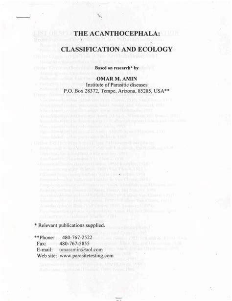 (PDF) The Acanthocephala: Classification and ecology