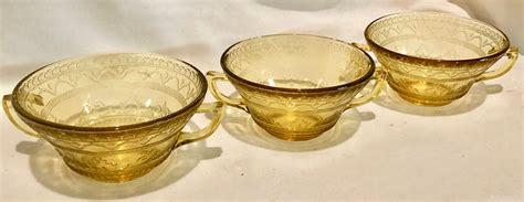 Antique Yellow Depression Glass Two Handled Cream Soup Bowls- Set of Three