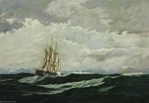 Oil Painting Replica Seascape with warship in high seas by Jens Erik ...