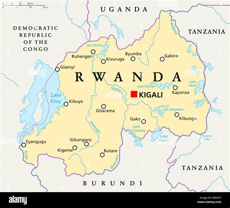 Rwanda Political Map with capital Kigali, national borders, important ...