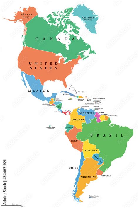 The Americas, single states, political map with national borders ...