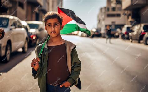 Palestinian kid girl holding Free Palestine flag in a blocked road ...