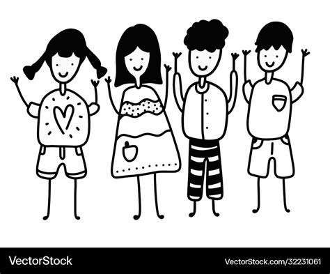 Four happy children cartoon black and white Vector Image