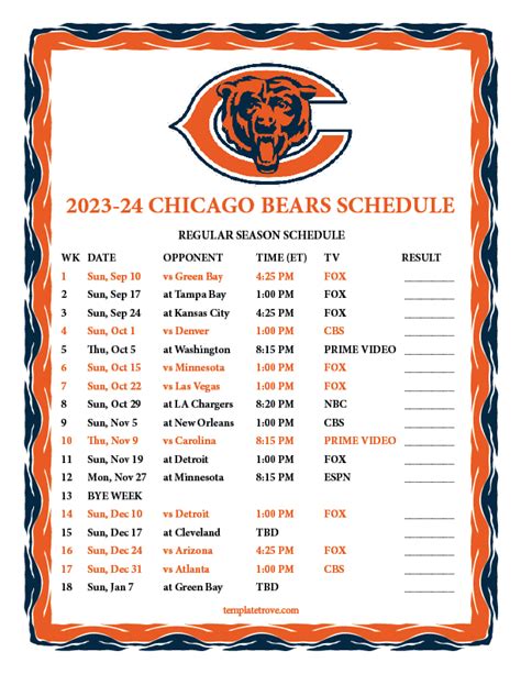 Printable 2023-2024 Chicago Bears Schedule