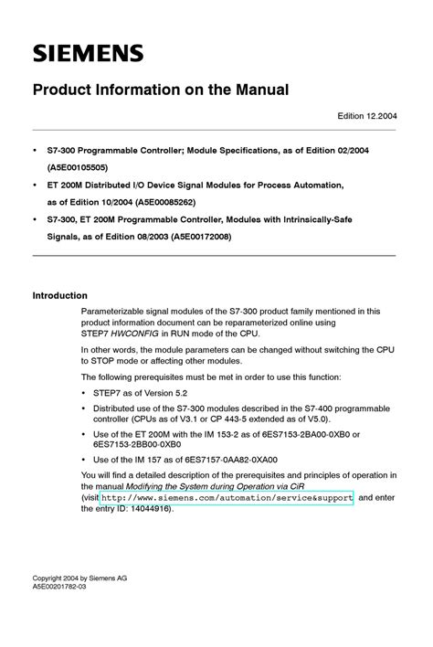 SIEMENS S7-300 SERIES CONTROLLER PRODUCT INFORMATION | ManuaLib