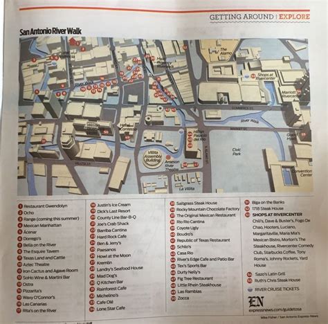 San Antonio Riverwalk ~ Map of Restaurants San Antonio Express News 7-1 ...