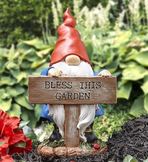 Garden Gnome with Sign - Bless This Garden - Decorative Outdoor Statue ...