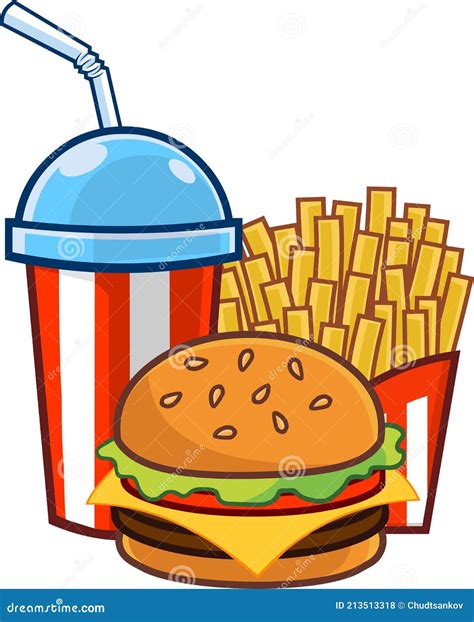 Cartoon Fast Food Hamburger with French Fries and Soda Stock Vector ...