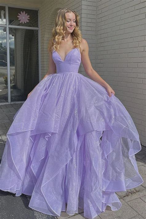 Shiny V Neck Fluffy Purple long Prom Dress, Long Purple Formal Evening ...