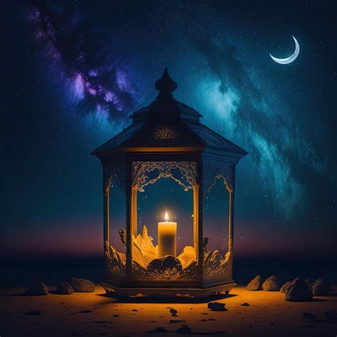 Premium AI Image | A lantern with a candle in it and the moon in the ...