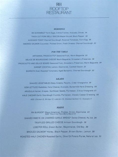 Menu at RH Rooftop Restaurant Minneapolis, Edina