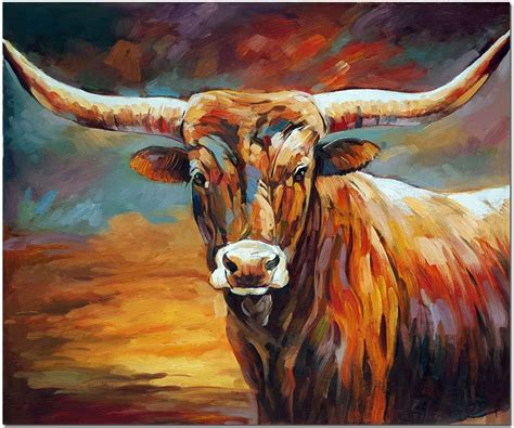 Texas Longhorn Oil Painting - Hand Painted Impressionistic Cattle Bull ...