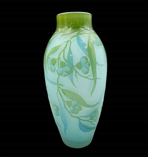 Blue And Green Glass Cameo Vase W/ Flowers. Auction