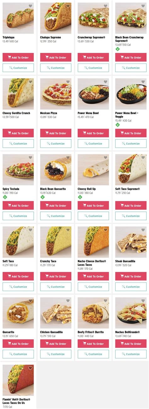 Taco Bell Printable Menu