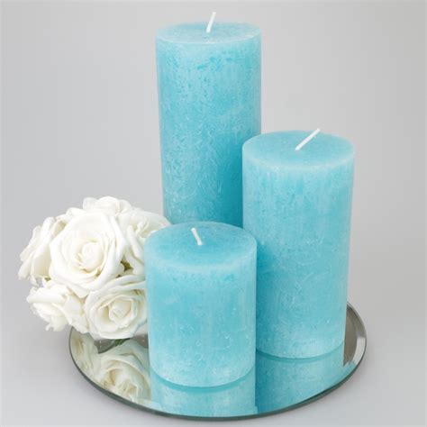 Rustic Pillar set of 3 Aqua - Justcandles.co.uk