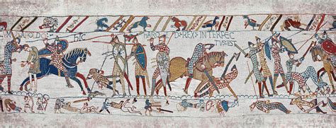 Bayeux Tapestry scene 57 King Harold is killed by an arrow in his eye ...