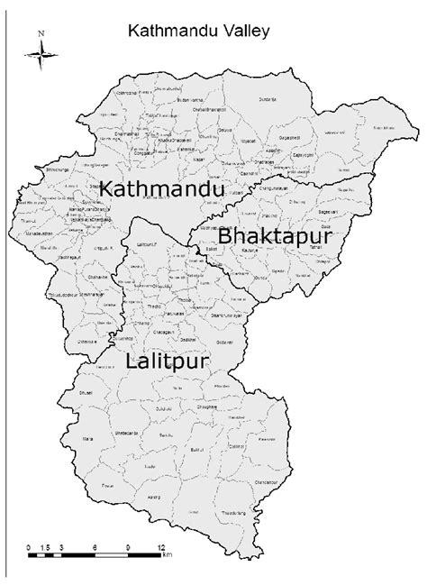 b: Map of Kathmandu valley; within the valley Kathmandu, Bhaktapur and ...