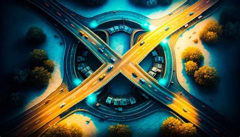 Premium Photo | An aerial view of highway intersection at night ...