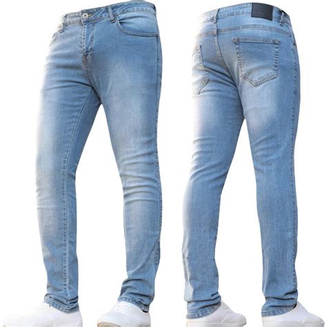 ENZO Mens Designer Stretch Super Skinny Denim Jeans Light Stonewash Blue