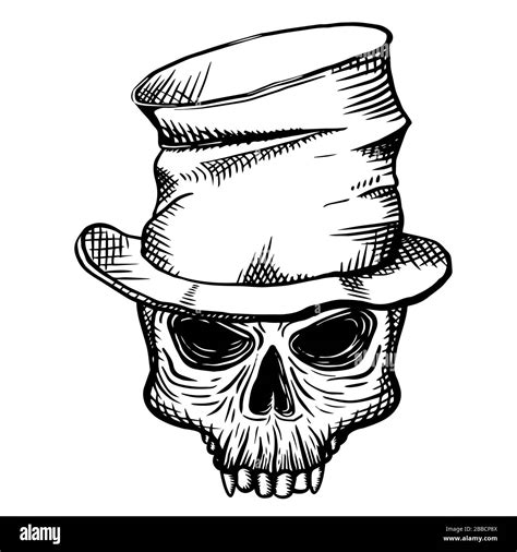 Hand drawn skull of a dead man in a crumpled top hat, on a white ...