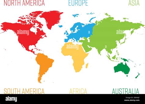 World map divided into six continents. Each continent in different ...