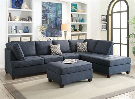 Dark Blue Dorris Fabric Smooth Textured Sectional Sofa Chaise 2pcs Set ...