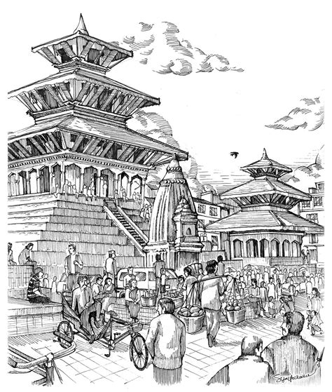 Ink Drawing Nepal Series Kathmandu on Behance | Cityscape drawing ...