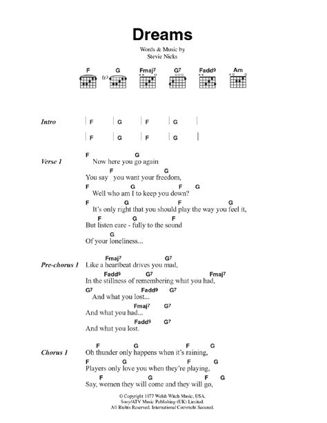 Dreams by Fleetwood Mac Sheet Music for Guitar Chords/Lyrics at Sheet ...