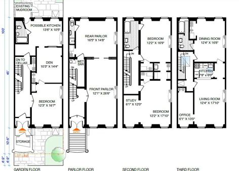 Brownstone Floor Plan with Three Balconies on Each Level