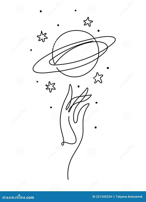 Hand and Planet Saturn with Rings, Aesthetic Line Drawing, Space Icon ...