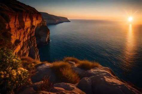 Premium AI Image | A cliff edge with a sunset on the horizon