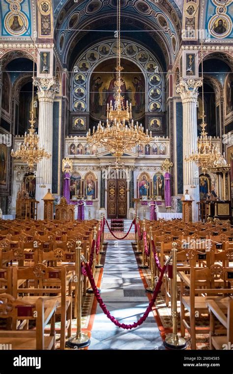 Cathedral of the Annunciation, Greek Orthodox Church, altar and rows of ...