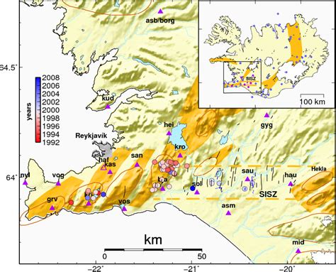 Map of SW Iceland showing the epicenters of the 46 earthquakes used in ...