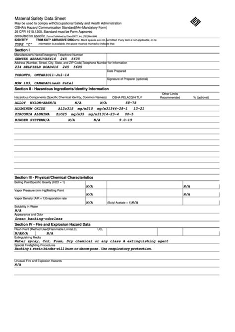 Osha Form 174 - Material Safety Data Sheet - U.s. Department Of Labor ...