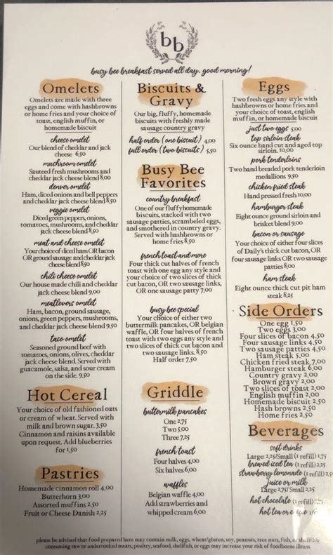 Menu at Busy Bee Café restaurant, Springfield