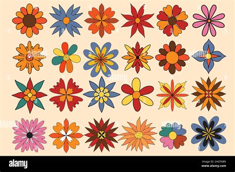 Retro flower 70s set. Flower power vintage collection. Vector ...